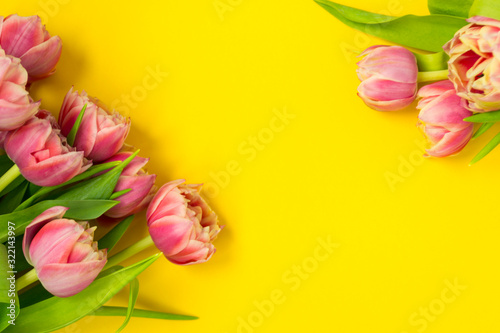 Fototapeta Naklejka Na Ścianę i Meble -  Pink tulips on a yellow background. March 8th, Happy Women's Day. The concept of spring. There is a place for text.