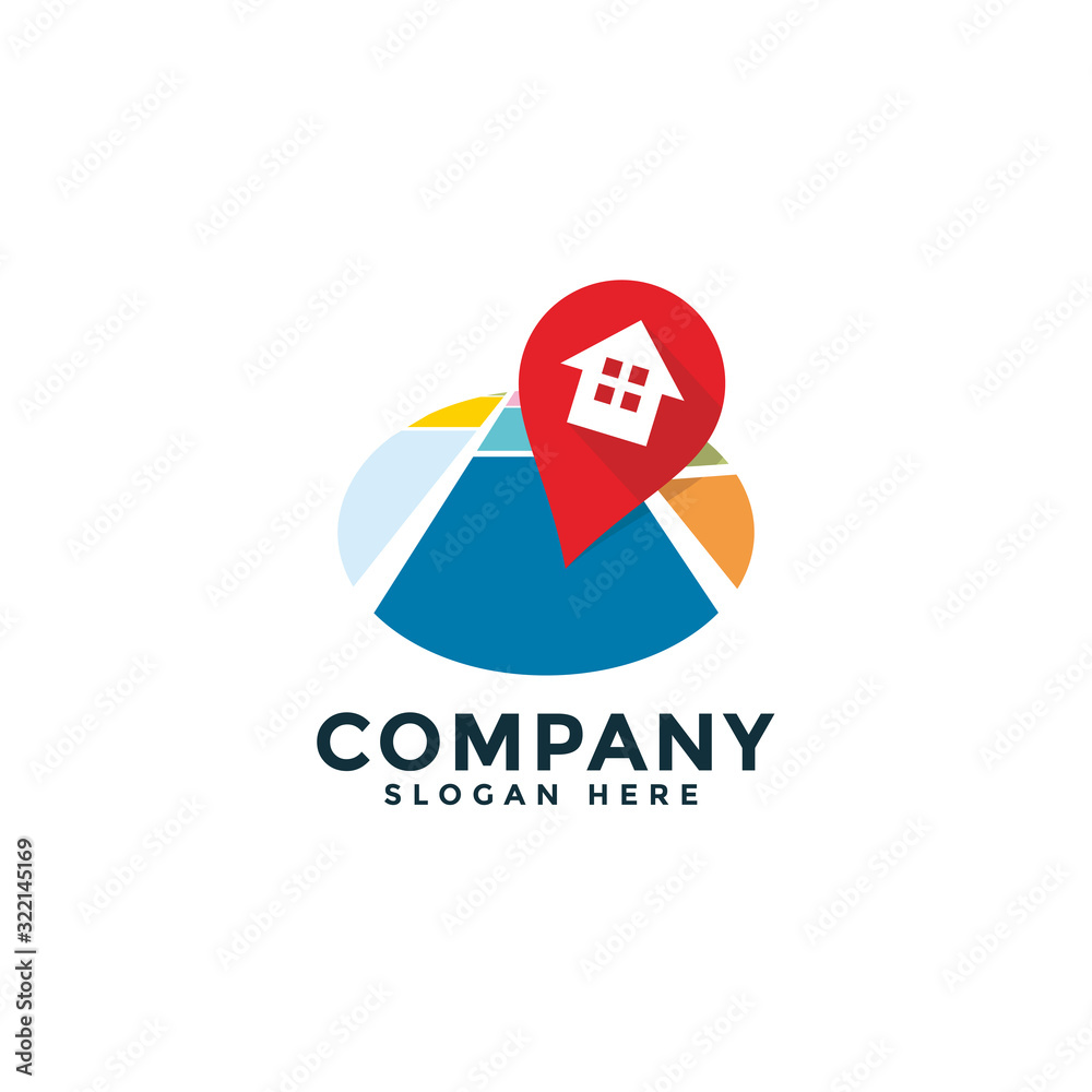 A Map House with pin, geo locate, pointer logo icon A Map House with pin, geo locate, pointer logo icon