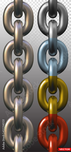 Realistic gray and color metal chain links. Isolated on grey background. Front view. Seamless layered vector.