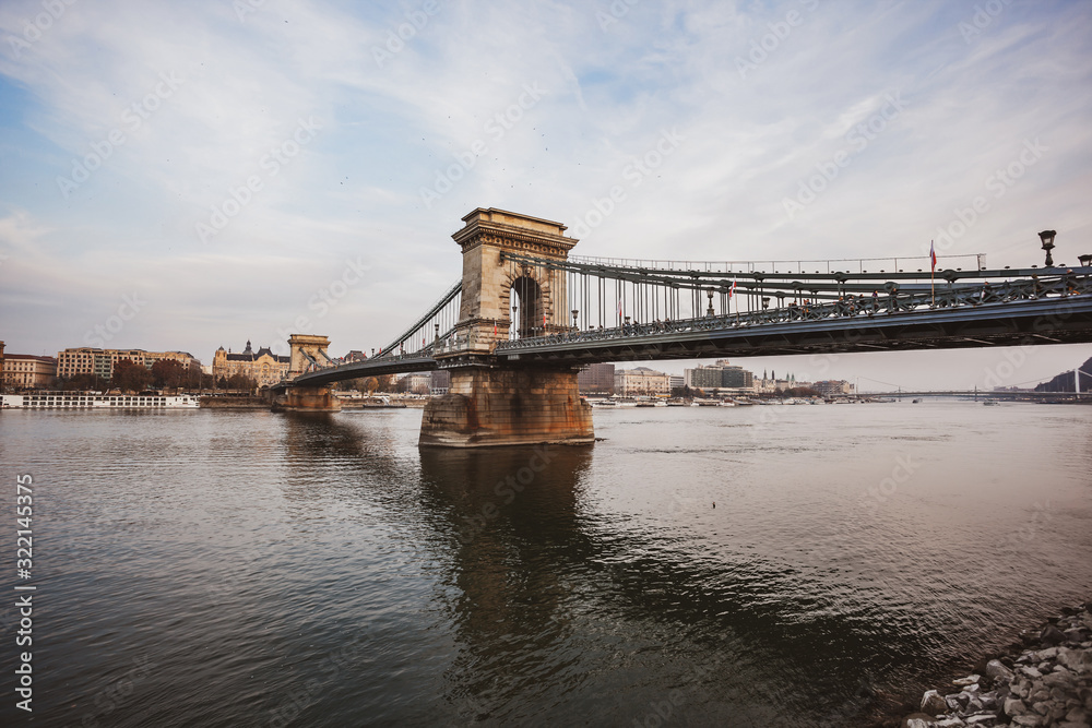Szechenyi Chain Bridge on the Danube river in Budapest, Hungary.