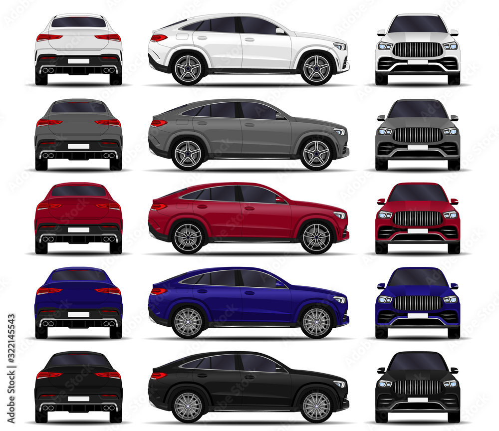 realistic SUV car. cars set. front view; side view; back view.