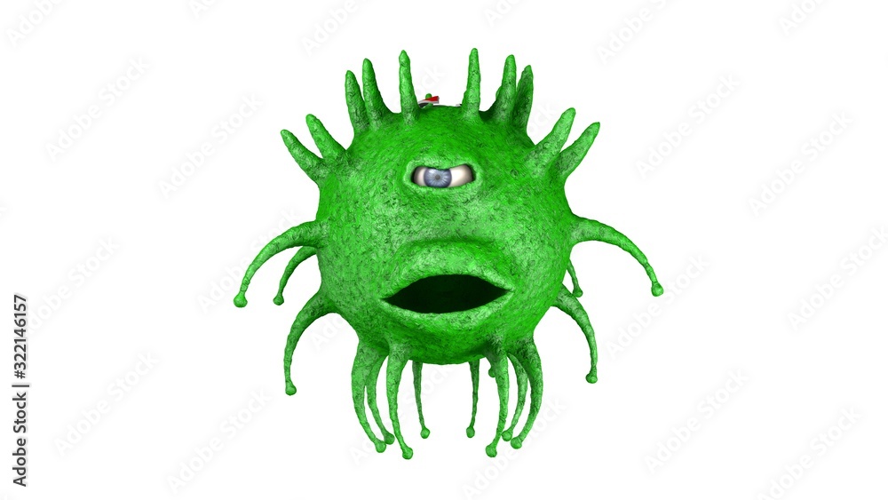 3D rendering of one-eyed scary and green virus. Coronavirus from China. Made in China. The coronavirus is furious and dangerous. Illustration for medical and scientific compositions. 3D rendering of one-eyed scary and green virus. Coronavirus from China. Made in China. The coronavirus is furious and dangerous. Illustration for medical and scientific compositions.