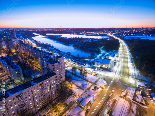 Winter evening aerial view to residential area in Kharkiv, Ukrai photo
