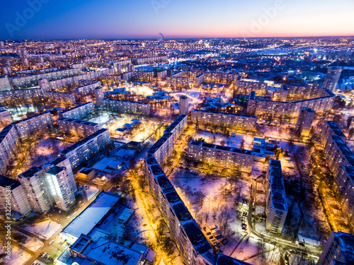 Winter evening aerial view to residential area in Kharkiv, Ukrai