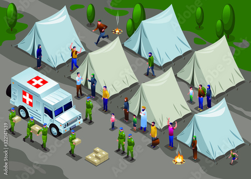 Peacekeepers Blue Helmets United Nations delivered humanitarian aid in refugee camp illustration isometric icons on isolated background