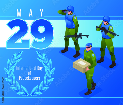 International Day of United Nations Peacekeepers Blue Helmets Poster isometric icons on isolated background