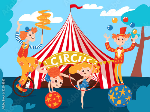 Circus background with artoon cute circus characters