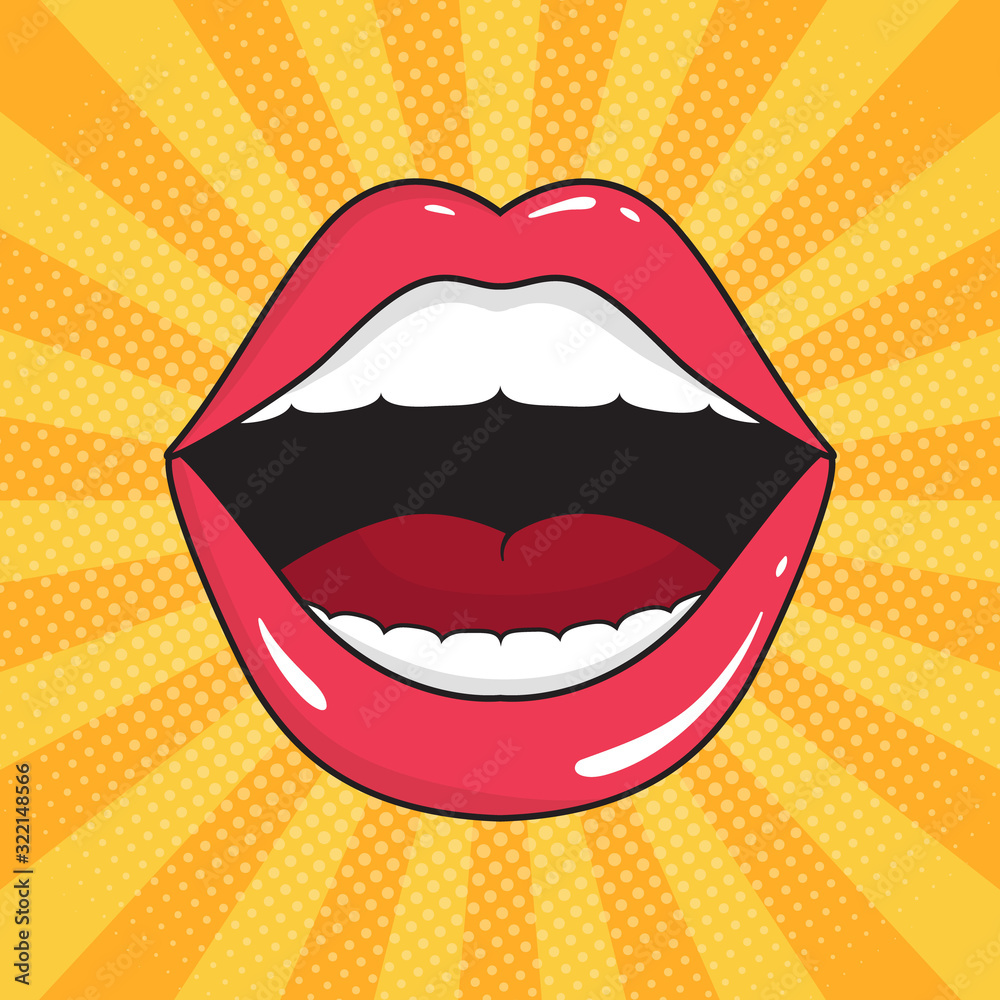 Pop art background with open mouth. Red lips of girl retro style for comic  book. Female open mouth with teeth. Seductive romantic composition. Popart  cosmetic symbol. Cartoon vector illustration. Stock Vector