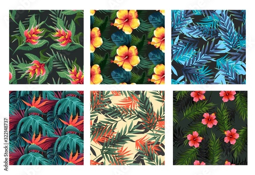 Seamless set. Bright tropical patterns with jungle plants. Exotic backgrounds with tropical leaves