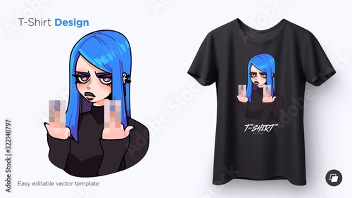 T-shirt design of angry cool girl girl showing her middle fingers. Anime style illustration for t-shirts, posters, sweatshirts and souvenirs