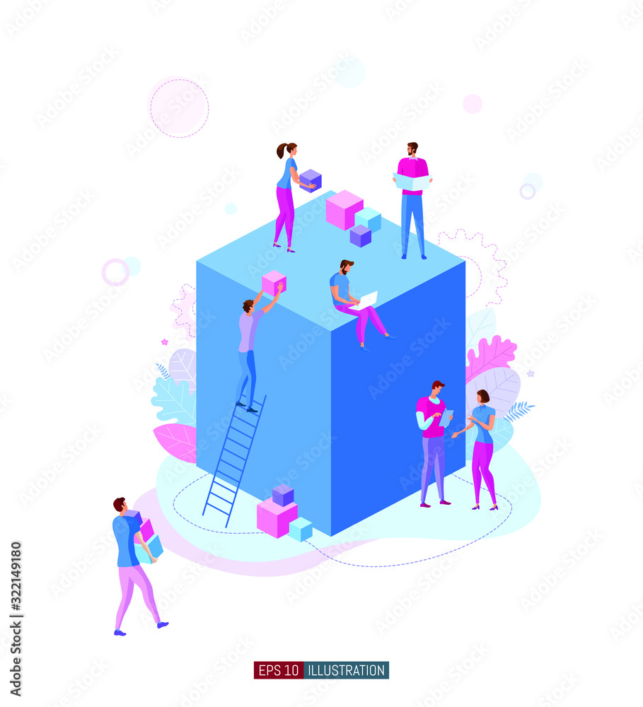 Trendy flat illustration. Teamwork concept. Сooperation of people who implement the joint idea. Illustration of the idea birth process. Template for your design works. Vector graphics.