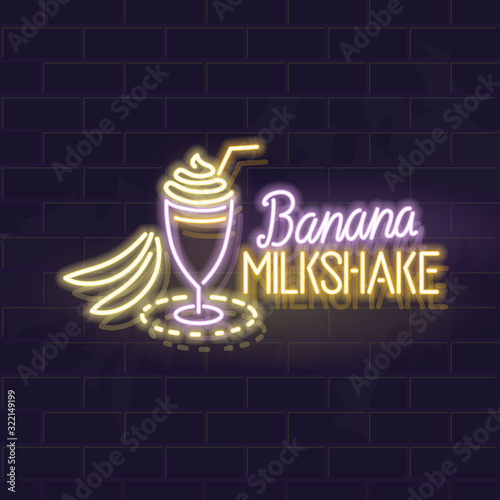 Neon banana milkshake typography and icon. Vector isolated neon illustration for any dark background. Fluorescent line art icon for menu, logo, poster, social network post.