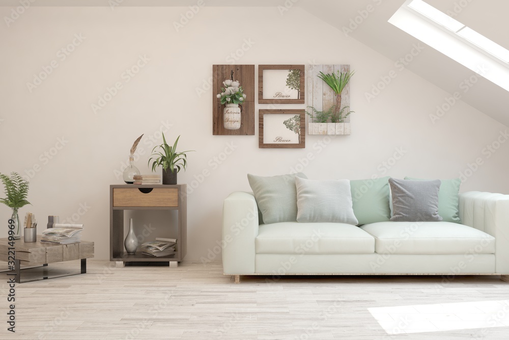 Obraz premium Stylish room in white color with sofa. Scandinavian interior design. 3D illustration