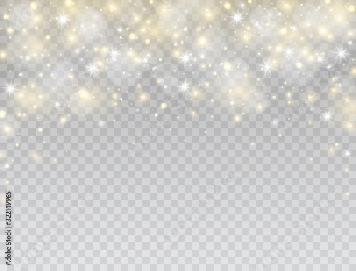 Glowing light effect border. Star burst with white and gold sparkles on transparent background. Magic glitter dust particles. Shining flare. Vector illustration