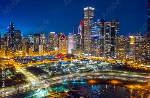 Chicago downtown buildings skyline aerial