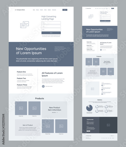 Landing page wireframe design for business. One page website layout template. Modern responsive design. Ux ui website: features, product, articles, statiscics, testimonials.