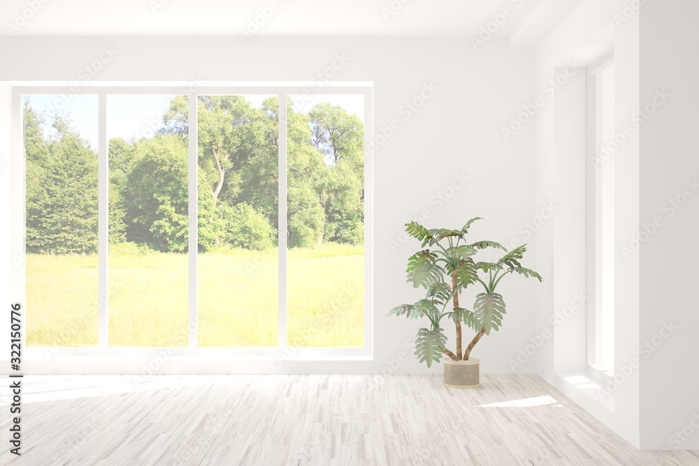 Fototapeta premium Stylish empty room in white color with summer landscape in window. Scandinavian interior design. 3D illustration