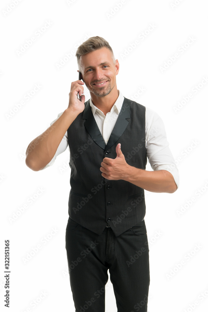 Proper communication. Good job thumb up gesture. New technology. Online communication. Modern communication. Businessman hold mobile phone. Handsome smiling man with cell phone. Mobile lifestyle