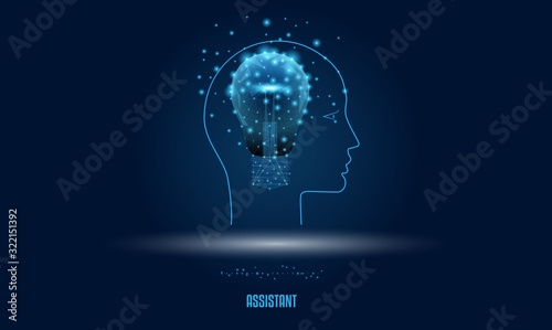 Electric lamp and head. Background is dark blue. Conceptual illustration. Polygonal.