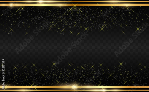 Gold glitter with shiny gold frame on a transparent black background. Vector luxury golden background.
