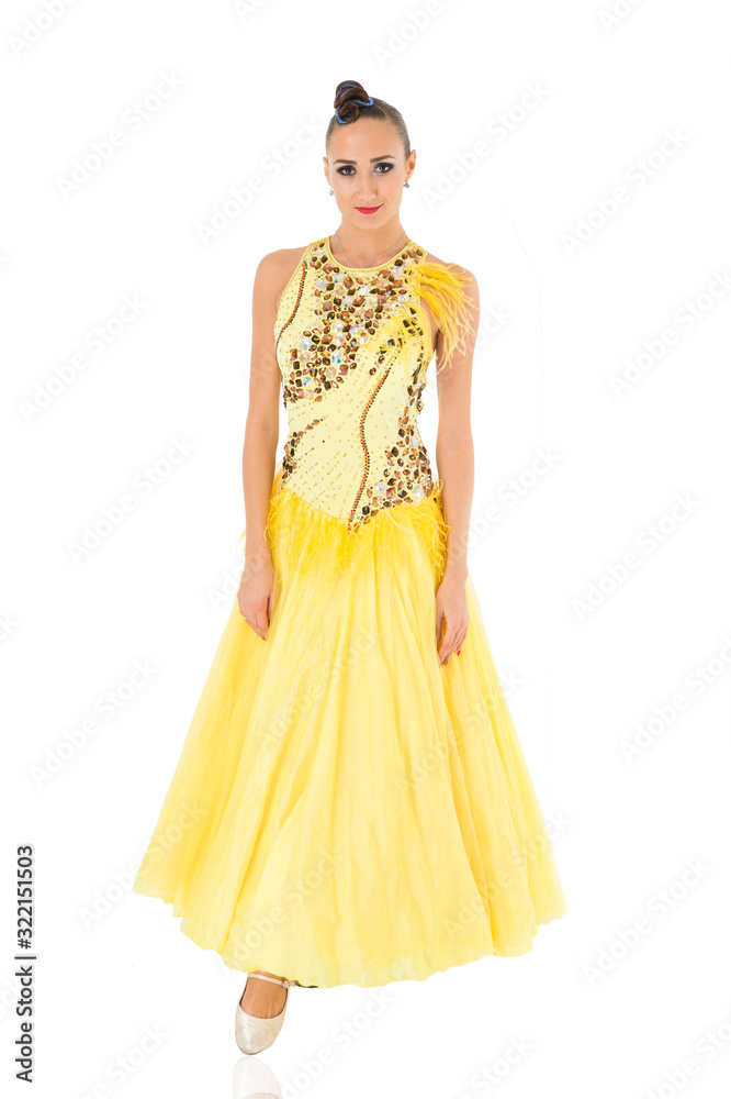 Dancing school. Girl dressed luxury dress with feather. Dancer of ballroom dance. Gorgeous dancer of ballroom dances. Posture and elegancy concept. Glamorous outfit dancer performance theatre