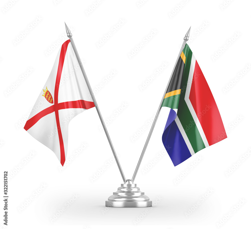 South Africa and Jersey table flags isolated on white 3D rendering South Africa and Jersey table flags isolated on white 3D rendering