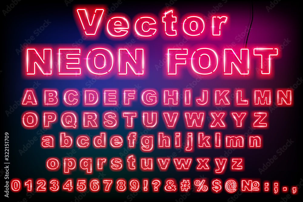 Pink retro 80s neon font. Luminous letter glow effects. High detailed alphabet, numbers and symbols for advertising. Techno acid style. Vector typeface for headlines, posters, etc. Pink retro 80s neon font. Luminous letter glow effects. High detailed alphabet, numbers and symbols for advertising. Techno acid style. Vector typeface for headlines, posters, etc.