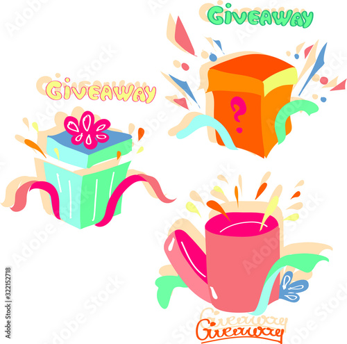 Giveaway winner poster. Gift offer banner  giveaways post and winner reward in contest  prize in boxes with ribbons flyer design vector give away . Hand draw open boxes with shadow set