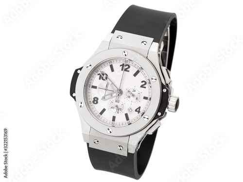 stylish men's wristwatch face view of silver color with light arrows and a black rubber strap isolated on a white background.