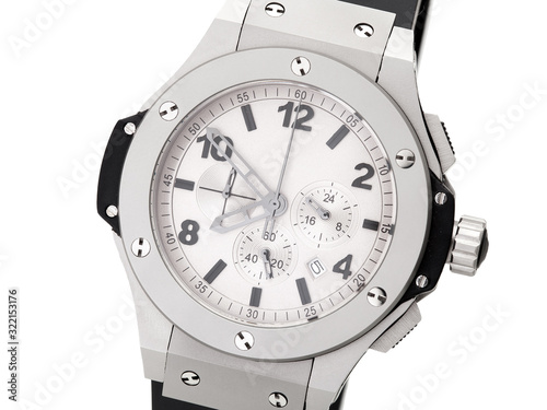clock face men's wristwatch of light color with a lot of arrows, close up dial object isolated on a white background.