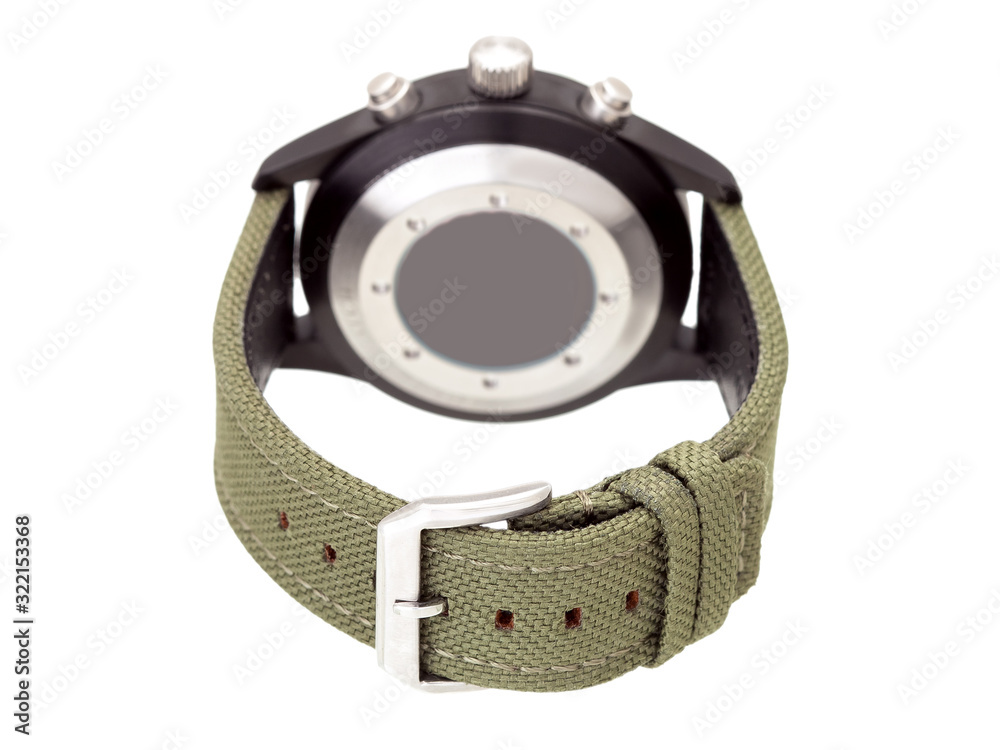 Obraz premium Men's wristwatch with a green textile with stitch strap in a steel case isolated on a white background back view.