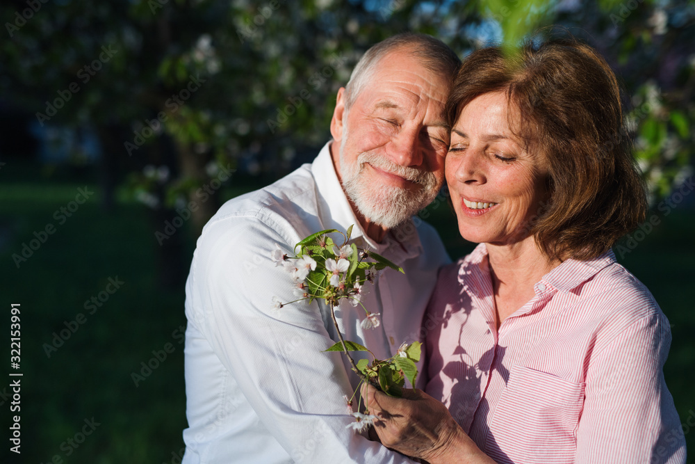 Beautiful senior couple in love outside in spring nature, hugging.