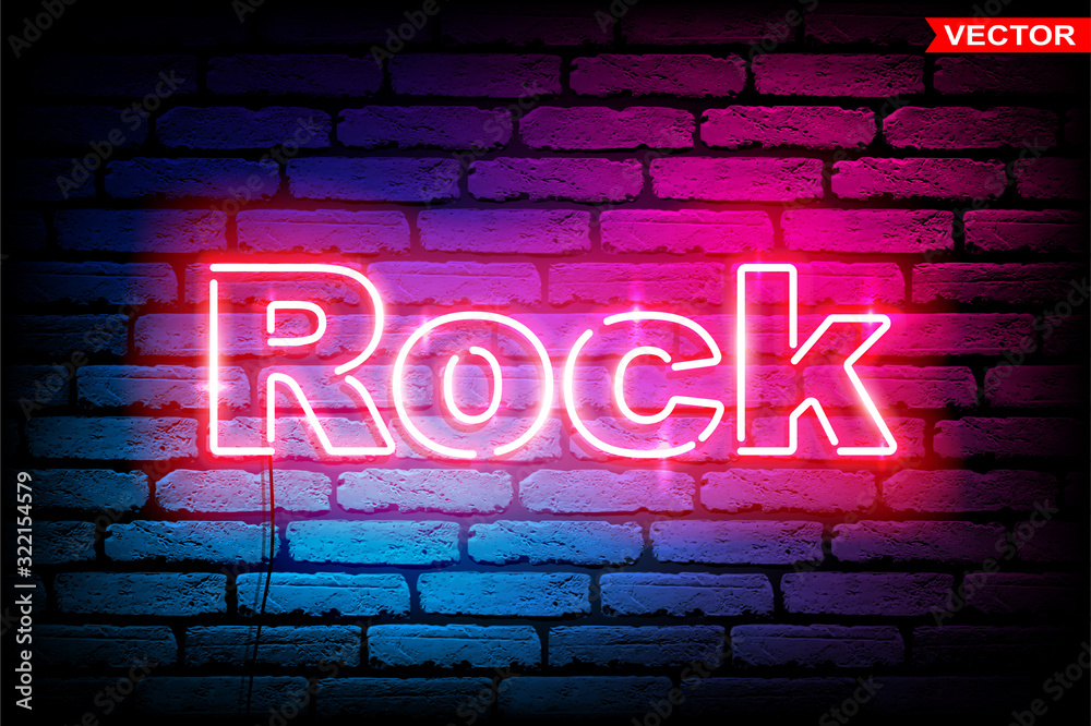 Obraz premium Pink Rock - retro 80s neon sign on brick wall. Luminous letters glow effects. High detailed symbols for advertising. Techno acid style. Vector typeface for headlines, posters, etc.