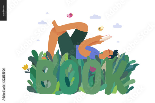 World Book Day graphics, grass -book week events. Modern flat vector concept illustrations of reading people -a brunette man laying down in the grass, reading a book