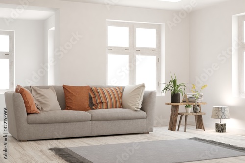 Stylish room in white color with sofa. Scandinavian interior design. 3D illustration