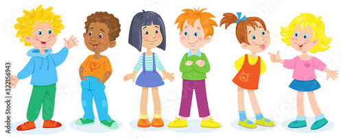 A group of six small funny children with different skin and hair colors. In cartoon style. Isolated on a white background. Vector illustration.