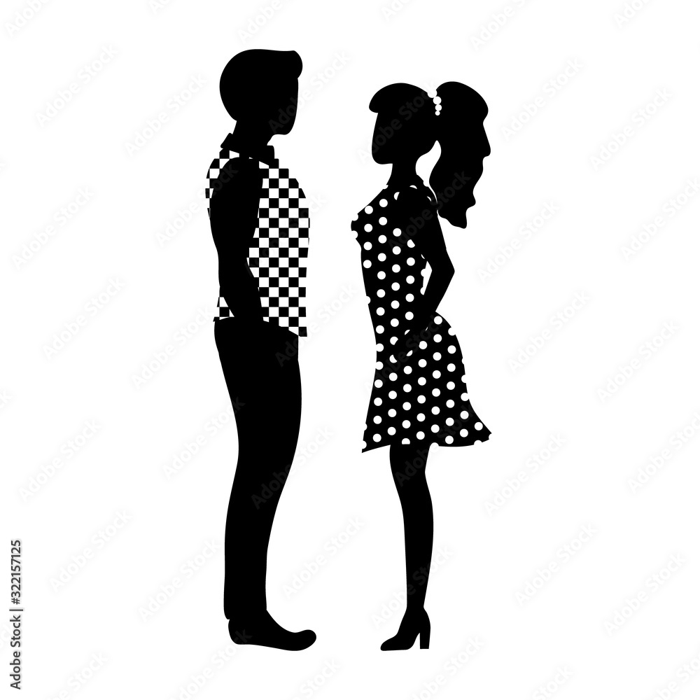Man and woman standing in front of each other and talking. Vector illustration in simple black and white style.