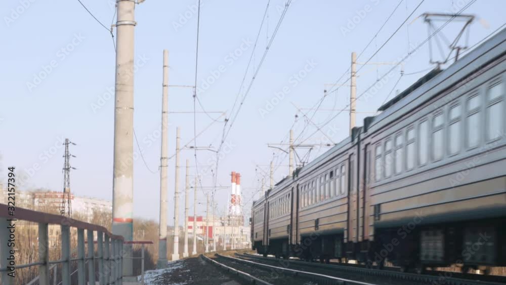 Train rides on rails, blue sky and communications Train rides on rails, blue sky and communications