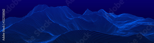 Vector wireframe 3d landscape. Technology grid illustration. Network of connected dots and lines on white background.