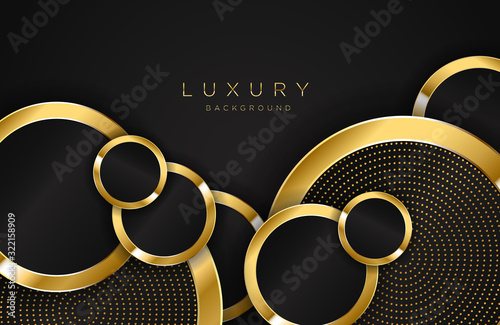 Modern layered background in gold and luxury style with circle shape composition. Minimalist black and gold design with dotted pattern element