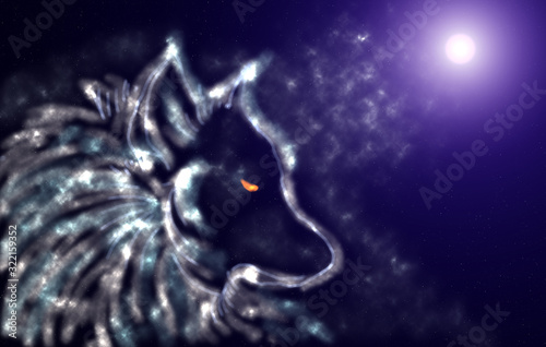 The silhouette of a wolf in the form of a nebula against the background of the starry sky and the big moon.