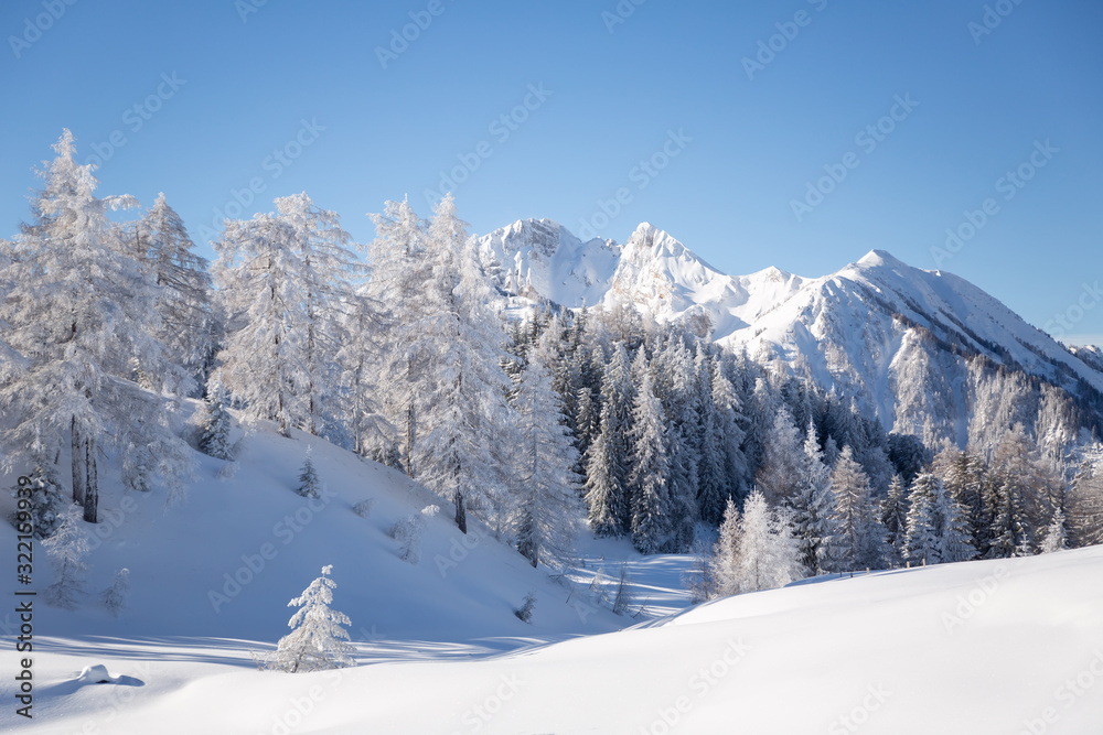 Winter landscape. Austrian countryside with a lot of fresh snow