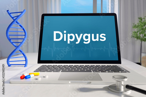 Dipygus – Medizin/Gesundheit. Computer im Büro mit Begriff auf dem Bildschirm. Arzt/Gesundheitswesen