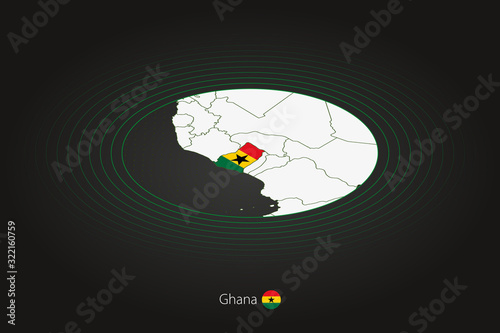 Ghana map in dark color, oval map with neighboring countries.
