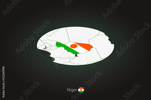 Niger map in dark color, oval map with neighboring countries.