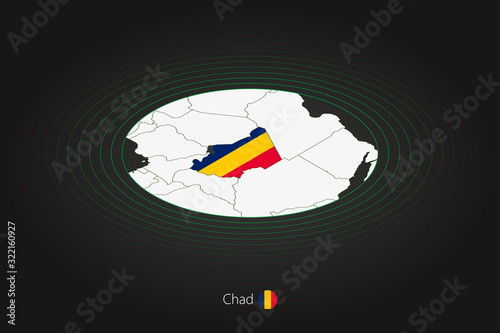 Chad map in dark color, oval map with neighboring countries.