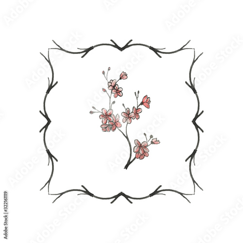 Cherry blossom flower frame. Botanical hand-drawn watercolor illustration. Design for packaging  weddings  fabrics  textiles  Wallpaper  website  postcards.