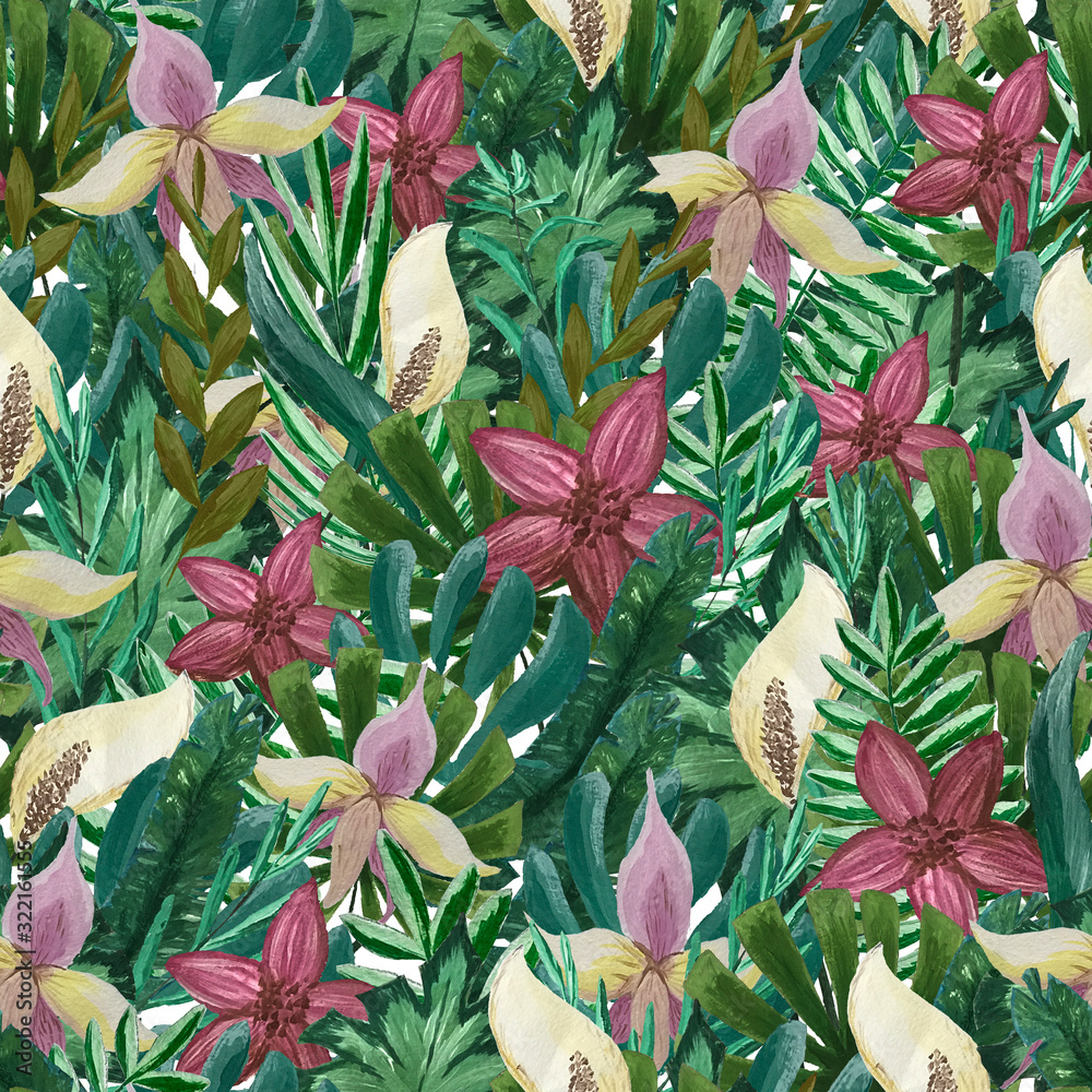 Plakat Seamless tropical flower pattern. Botanical hand-drawn watercolor illustration. Design for packaging, weddings, fabrics, textiles, Wallpaper, website, postcards