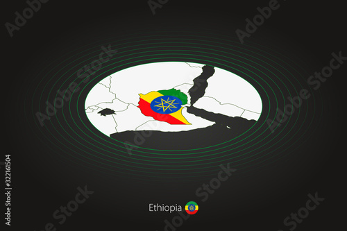 Ethiopia map in dark color, oval map with neighboring countries.