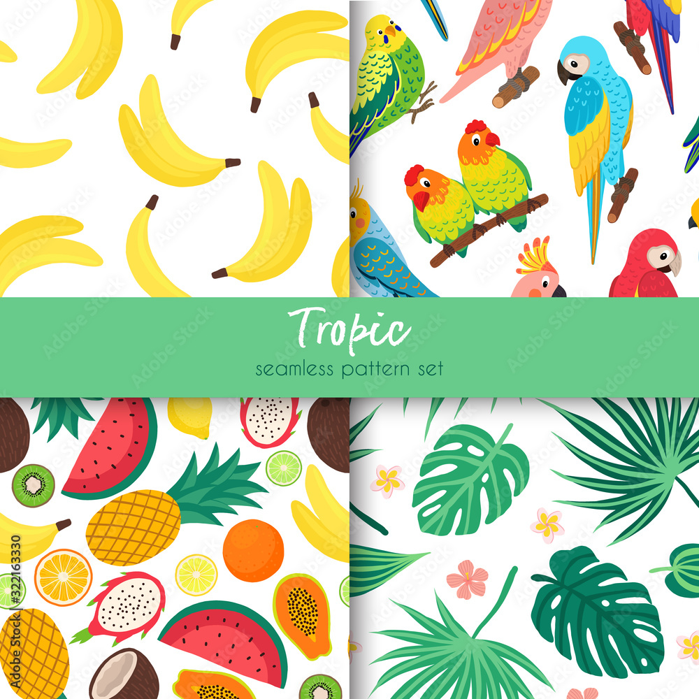set of vector tropical seamless patterns. Collection of prints with exotic fruits, parrots, palm leaves, banana and monstera, vector hand drawn summer illustration. use for fabric, packaging paper